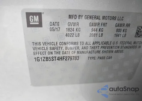 2017 Chevrolet Malibu Ls z USA, uszkodzony, nr VIN 1G1ZB5ST4HF279783